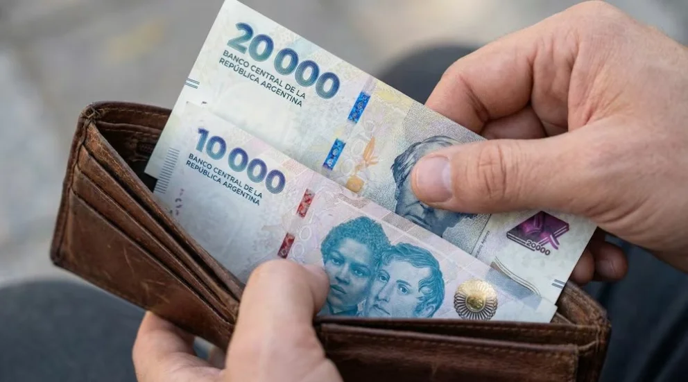 Una persona sostiene billetes de 20.000 y 10.000 pesos argentinos, recientemente emitidos por el Banco Central de la República Argentina, reflejando la nueva realidad económica y la inflación que enfrenta el país sudamericano. (Imagen Ilustrativa Infobae)